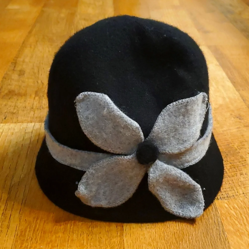 August Woman's Black Wool Fitted Bucket‎ Hat with Flower